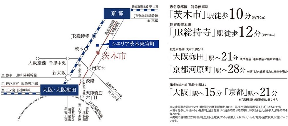 阪急京都線　特急停車駅「茨木市」駅徒歩10分（約790m）。