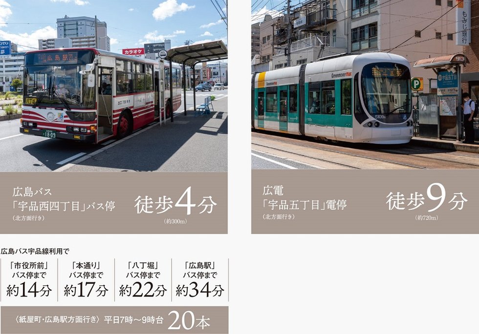 バスは都心エリアを抜けて、広島駅直結。
目的地にあわせて路面電車も利用できます。