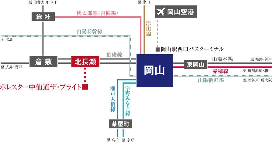 JR「岡山」駅へ1駅5分、多方面へスムーズにアクセス。