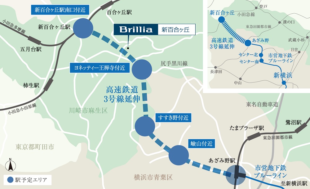 「横浜」方面から「新百合ヶ丘」へ。
横浜市営地下鉄延伸＆新駅計画が進められています。