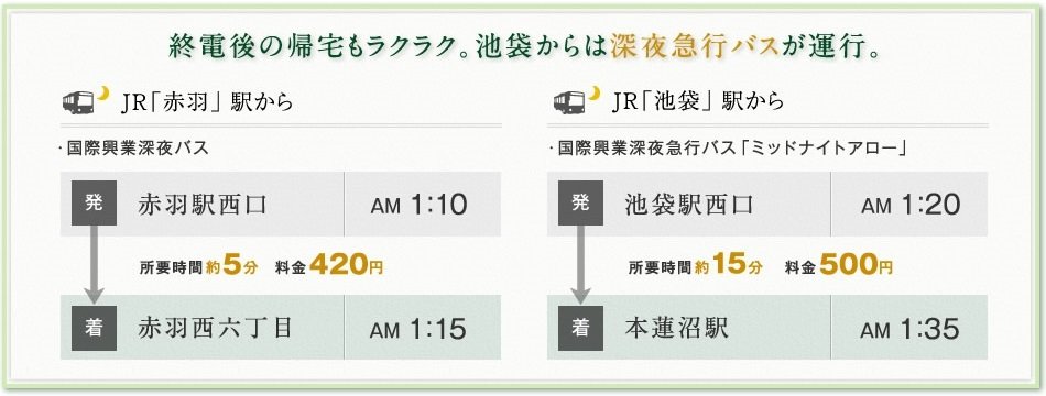 終電後の帰宅もラクラク。池袋からは深夜急行バスが運行。