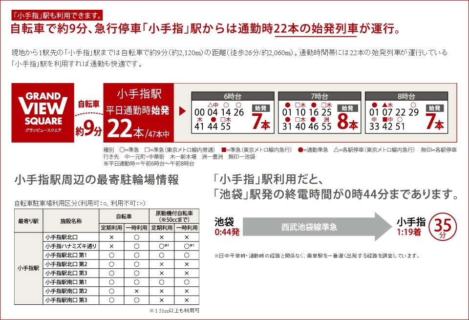 自転車で約9分、急行停車「小手指」駅からは通勤時22本の始発列車が運行。