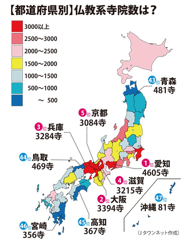 お寺の多い県、少ない県――愛知には宮崎の約13倍も「寺」がある