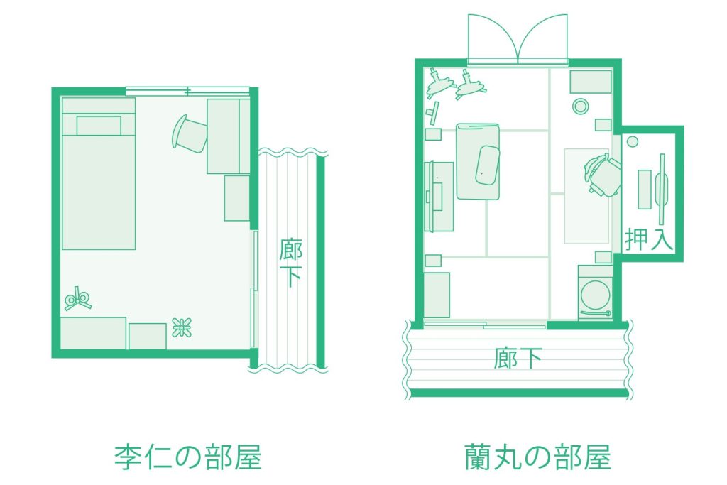 東京都練馬区にある、築60年を超える銭湯に併設されている住まい。昭和感漂う木造家屋。ふたりの部屋はその2階にある。