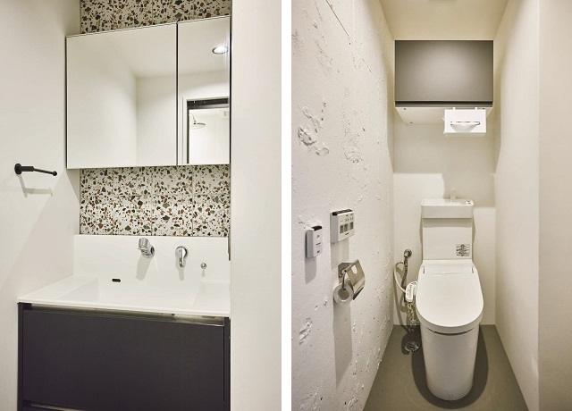 右・位置は変えずに内部をリフレッシュしたトイレ／左・テラゾータイルが遊び心を感じさせる洗面室。洗濯機置き場を別にしたことで洗練された空間に。モダンなタオルバーも空間を引き締めている