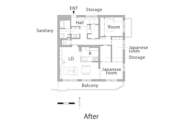 LDKの東側に襖で仕切れる和室をつなげ、回遊動線を確保。2方向から使える収納も設けた。玄関は土間を広げ、廊下へ通り抜けできる収納スペースを設けた