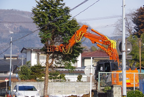 大きな庭木の伐採には、大きな重機を使用することもあります