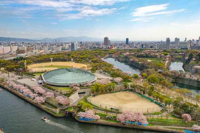 公園園内には、ライブやコンサートがおこなわれる大阪城ホールなどもあり多くの人で賑わいます