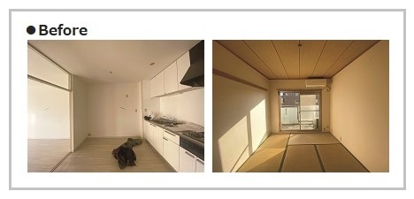 既存の3DKの間取りの面影を残しながら広いワンルーム状に。中央に据えたキッチンで、開放感を損なわずにパブリックエリアとプライベートエリアに分け、開口部のある間仕切り壁で奥行き感も生み出している。寝室とトイレの間に大容量のWICも設けた