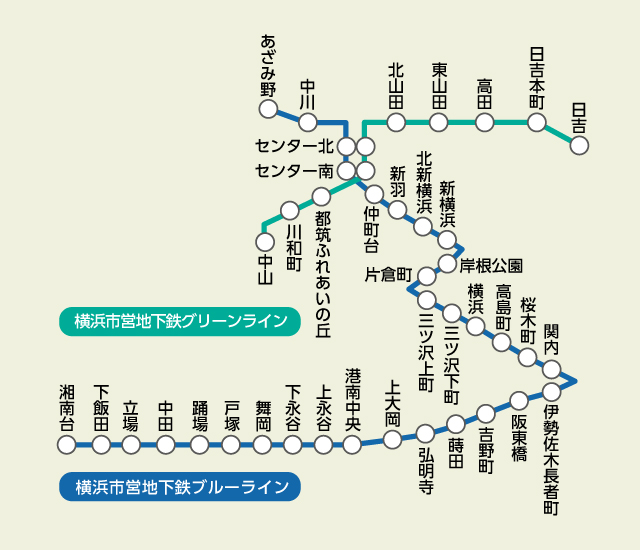 縦に走るブルーラインと、横に結ぶグリーンラインで横浜市内を網羅する地下鉄(編集部にて作成)
