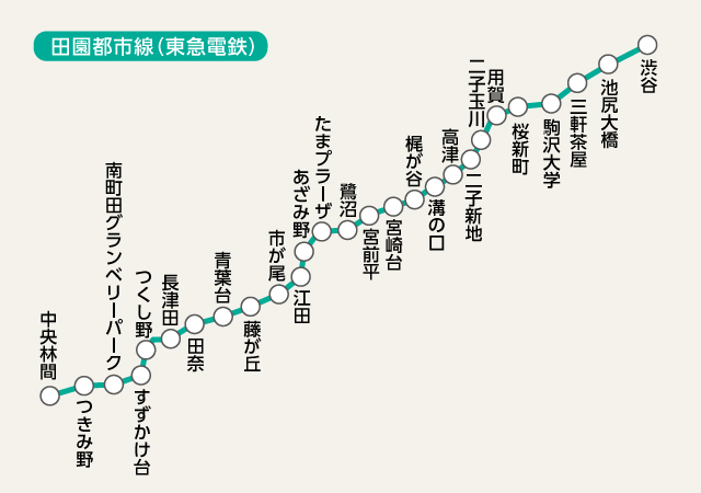 渋谷駅から中央林間駅を結ぶ、東京から神奈川まで移動が可能な路線です(編集部にて作成)