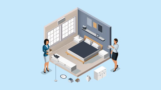 通常の室内画像にバーチャルで家具や小物を配置し、モデルルームのような演出をするイメージ