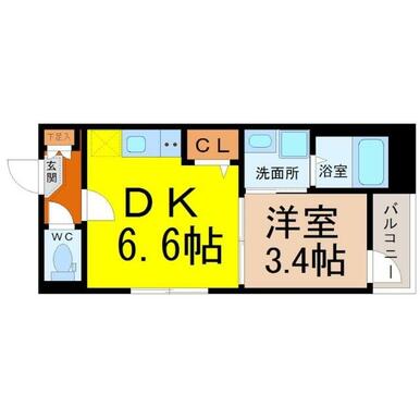 間取図　ＤＫ６．６帖　洋室３．４帖　脱衣洗面所　バルコニー