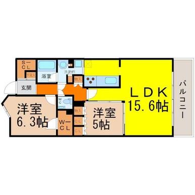 間取図　ＬＤＫ１５．６帖　カウンターキッチン　バルコニー