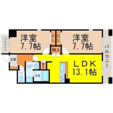 間取り　ＬＤＫ１３．１帖　洋室２部屋　南向きバルコニー