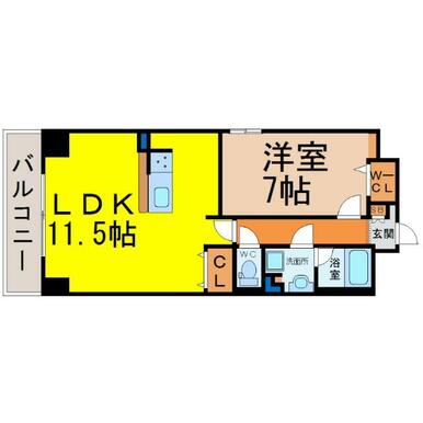 間取図　ＬＤＫ１１．５帖　洋室７帖　脱衣洗面所　バルコニー