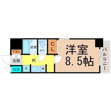 間取図　洋室８．５帖　バストイレ別　室内洗濯機置き場