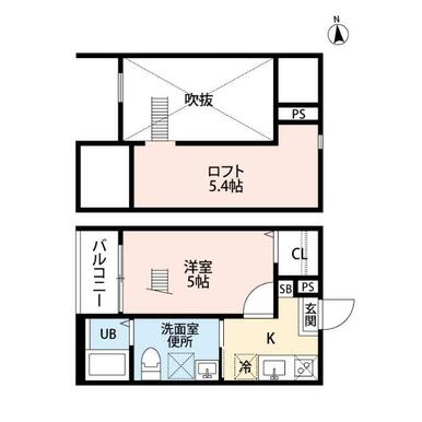 間取図　洋室５帖　ロフト５．４帖　脱衣洗面所　バルコニー