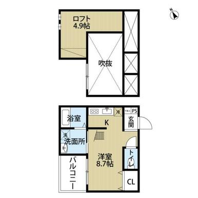間取り　洋室８．７帖　ロフト４．９帖　脱衣洗面所　バルコニー