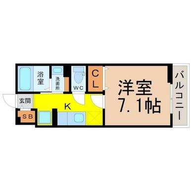 間取図　洋室７．１帖　脱衣洗面所　南面バルコニー