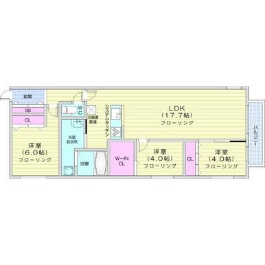 3LDK、都市ガス、エアコン、浴室乾燥機、システムキッチン