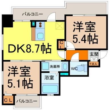 間取図　ＤＫ８．７帖　洋室５．４帖　洋室５．１帖