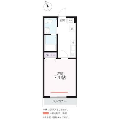 人気の１Ｋタイプ！１階はテラス、２．３階はバルコニーつき