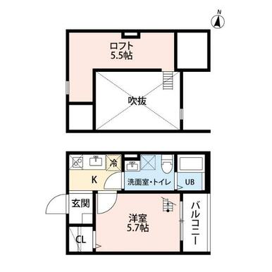 間取図　洋室５．７帖　ロフト５．５帖