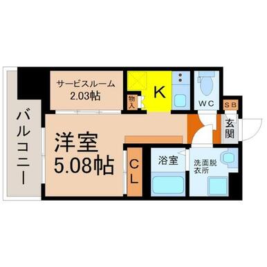 間取図　洋室５．０８帖　サービスルーム２．０３帖