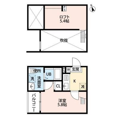 間取図　洋室５．８帖　ロフト５．４帖　脱衣洗面所　バルコニー
