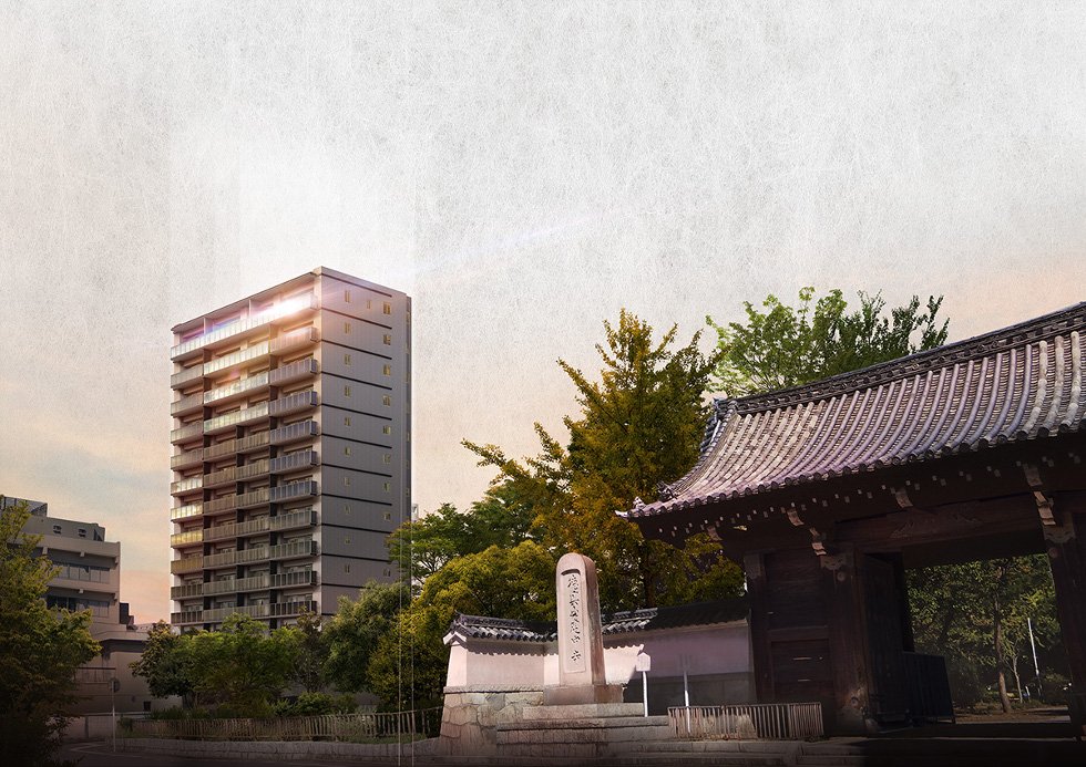外観完成予想図+建中寺公園(徒歩3分/約230m)