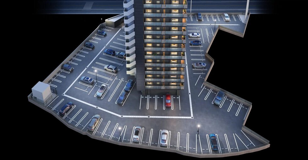 外観完成予想CG／平置き駐車場完成予想CG