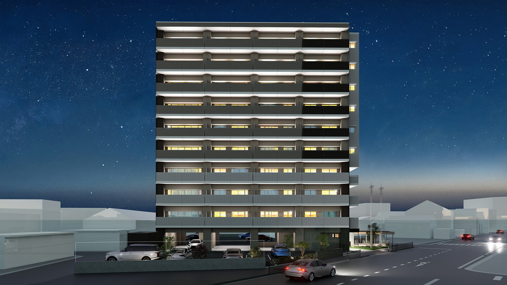 外観完成予想図（正面・夜景）