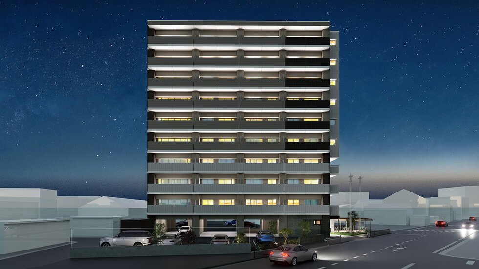 外観完成予想図（正面・夜景）