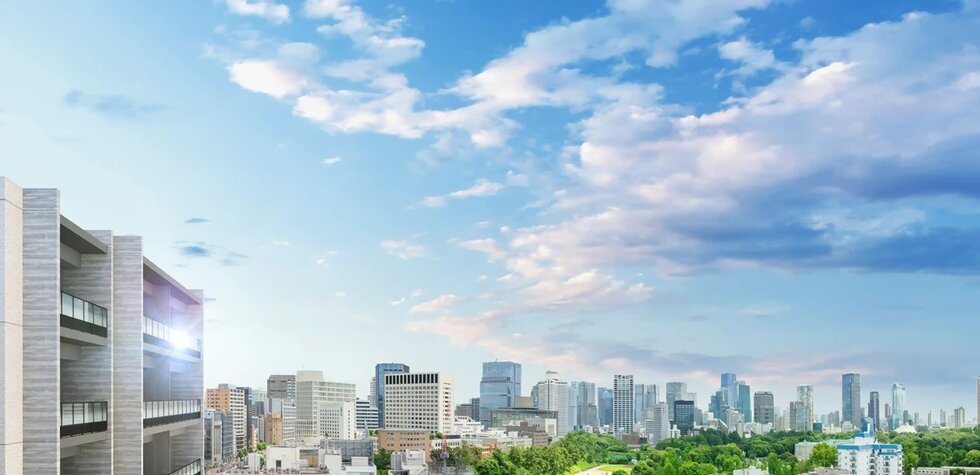 現地西側上空より臨む外観完成予想CG