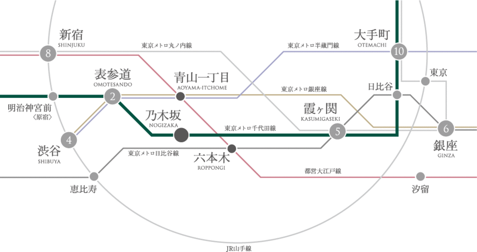 「乃木坂」駅徒歩2分。3駅5路線利用可能の快適都心アクセス。