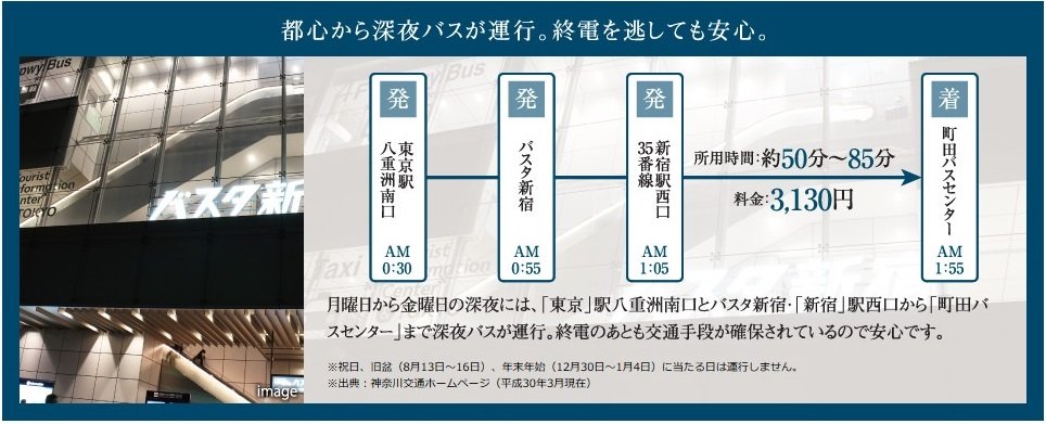 都心から深夜バスが運行。終電を逃しても安心。
