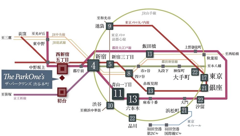都営大江戸線「西新宿五丁目」駅徒歩5分、京王新線「初台」駅徒歩10分。2路線利用。