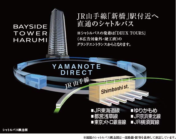 JR山手線「新橋」駅付近まで直通のシャトルバスが運行。(※1)