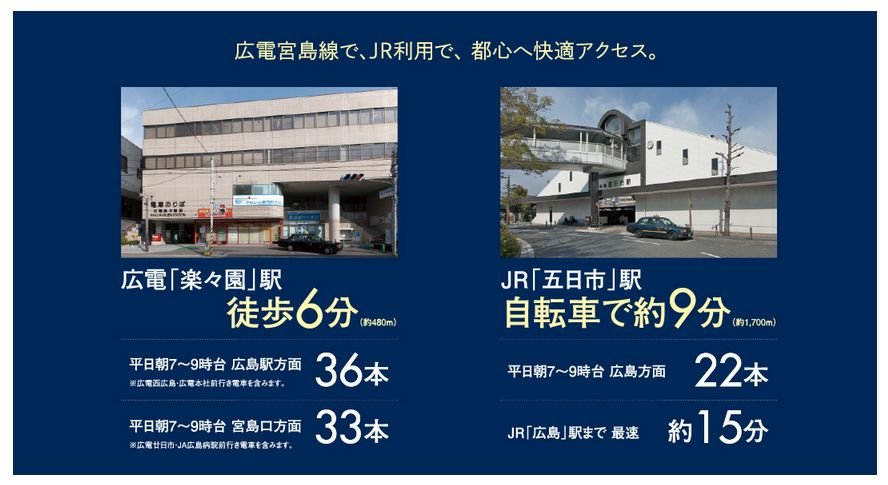 広電宮島線で、JR利用で、都心へ快適アクセス。