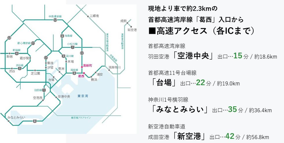 カーアクセス
首都高へ気軽にドライブ。
湾岸を中心に内陸へも縦横無尽。