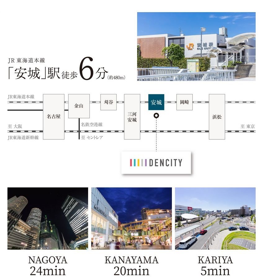 特別快速・新快速も利用可能。JR「安城」駅へ徒歩6分。