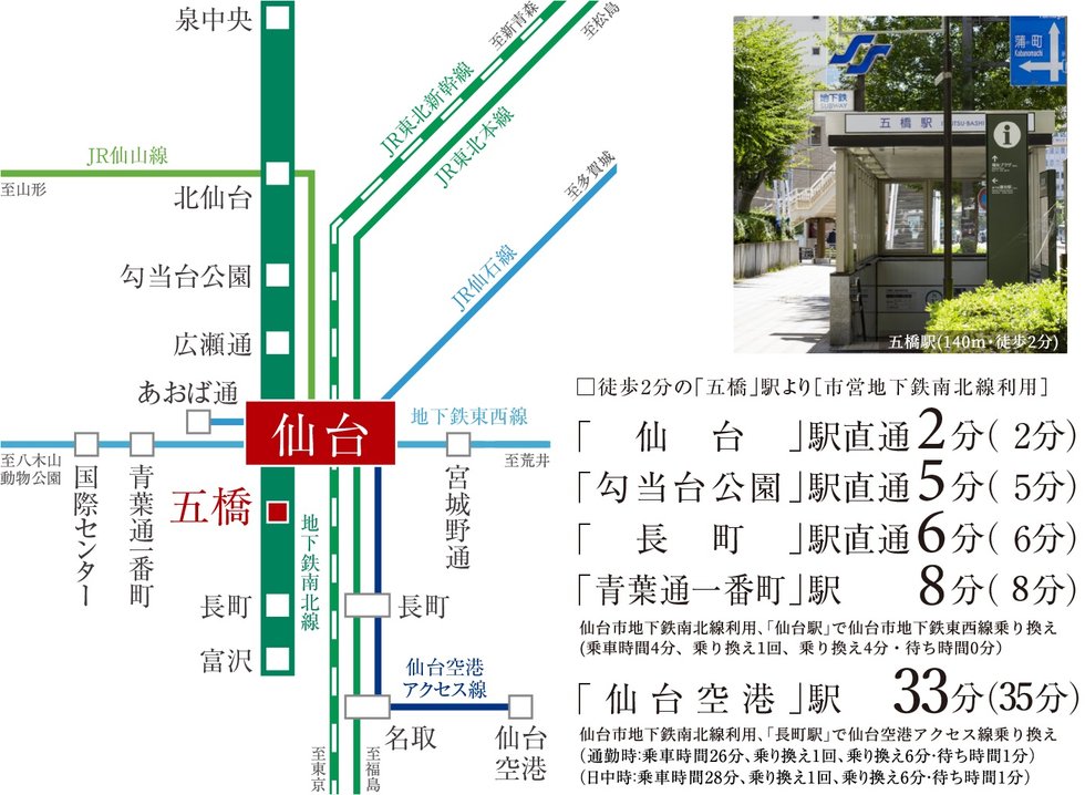 徒歩2分の南北線「五橋」駅を使いこなして、仙台都心を自在に。