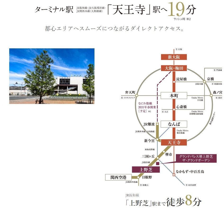 徒歩8分のJR阪和線「上野芝」駅からターミナル駅の「天王寺」までダイレクトアクセス。