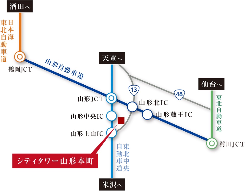 大型幹線道路や東北自動車道利用で
レジャースポットなどへも快適アクセス。