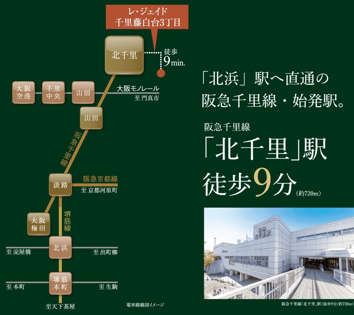 始発駅「北千里」駅から、座って通勤も可能。