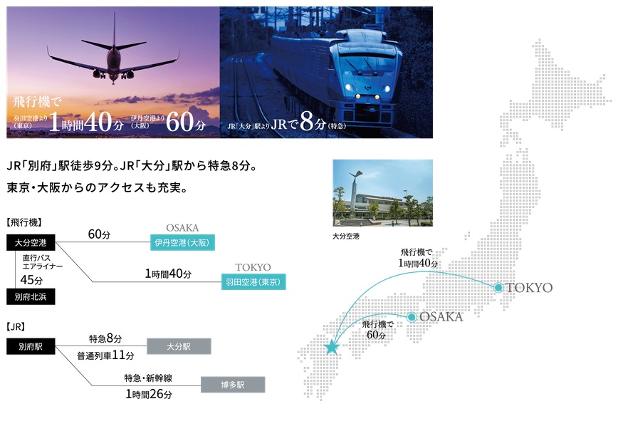 JR「別府」駅徒歩9分。JR「大分」駅から特急8分。
東京･大阪からのアクセスも充実。