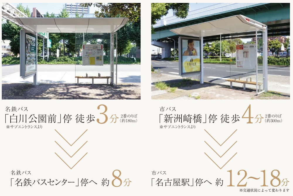 徒歩3~4分のバス停から、各駅周辺へダイレクトアクセス。