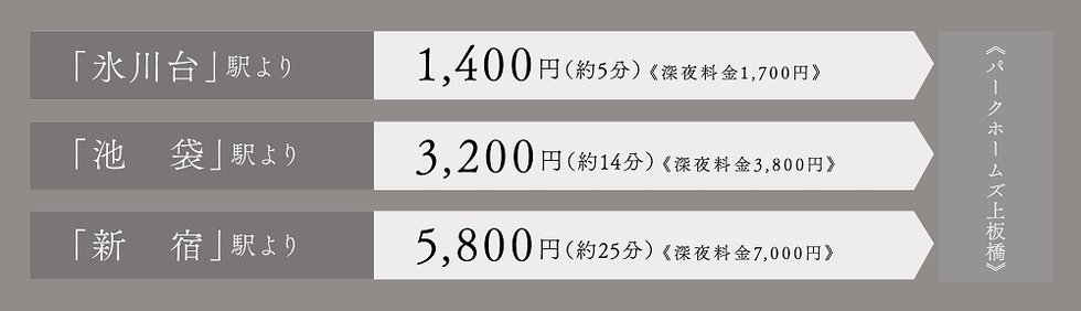 「氷川台」「池袋」「新宿」からタクシーの利用が快適。
