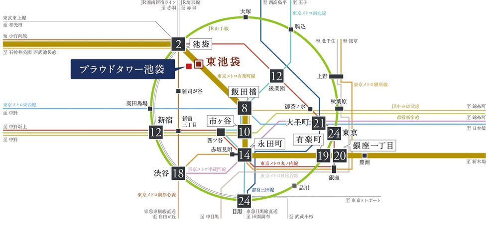 8路線を擁する｢池袋｣駅を徒歩圏に。
2階エントランス直結の｢東池袋｣駅へのアプローチ。